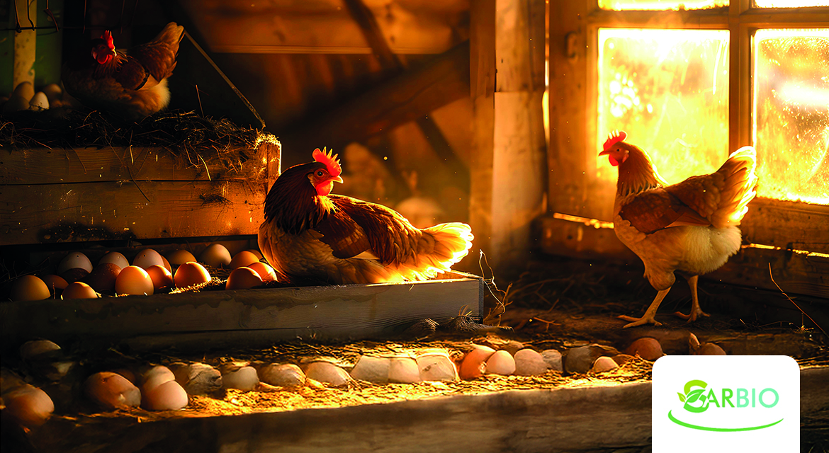 Healthy brown hens and fresh eggs in a sunlit, natural wooden coop with the Sarbio logo.