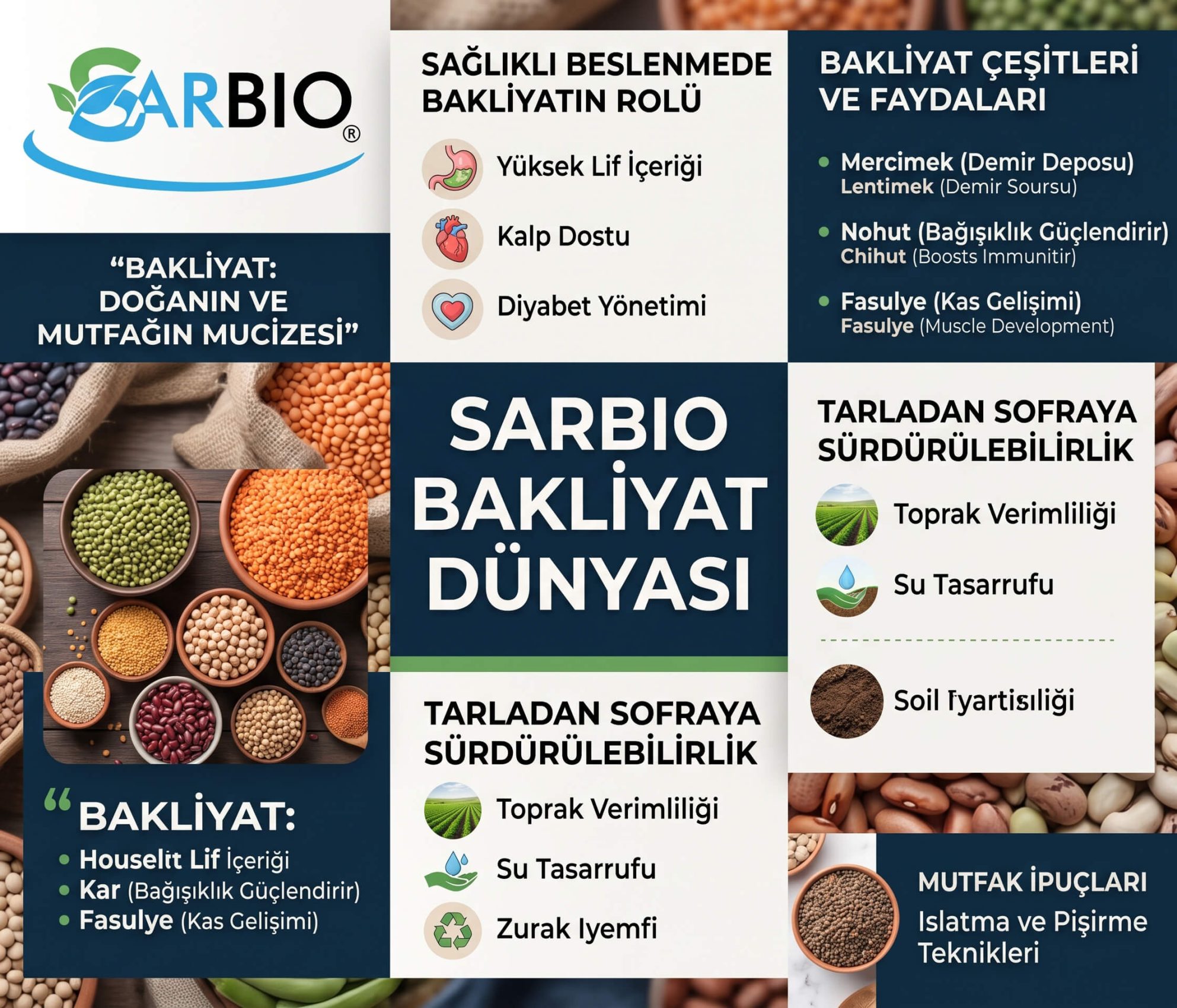 Sarbio Bakliyat çeşitleri, besin değerleri ve sağlıklı beslenme rehberi infografiği