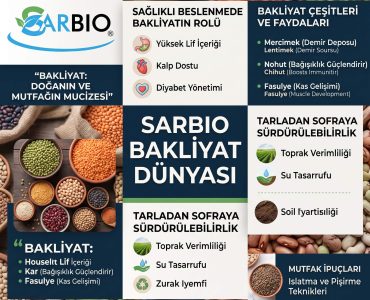 Sarbio Bakliyat çeşitleri, besin değerleri ve sağlıklı beslenme rehberi infografiği